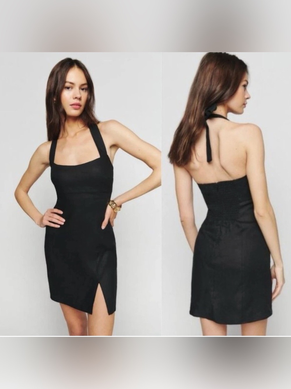 NEW Reformation Isha Dress 100% Linen Halter Dress 6 Black Tie Neck Mini‎ LBD